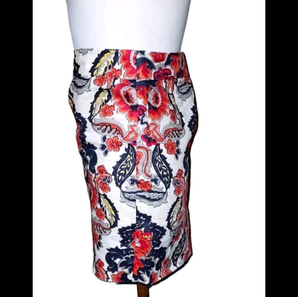 J Crew 0 Pencil Skirt 100% Linen Floral Orange Blue Zipup dimensions wai… - Picture 2 of 3